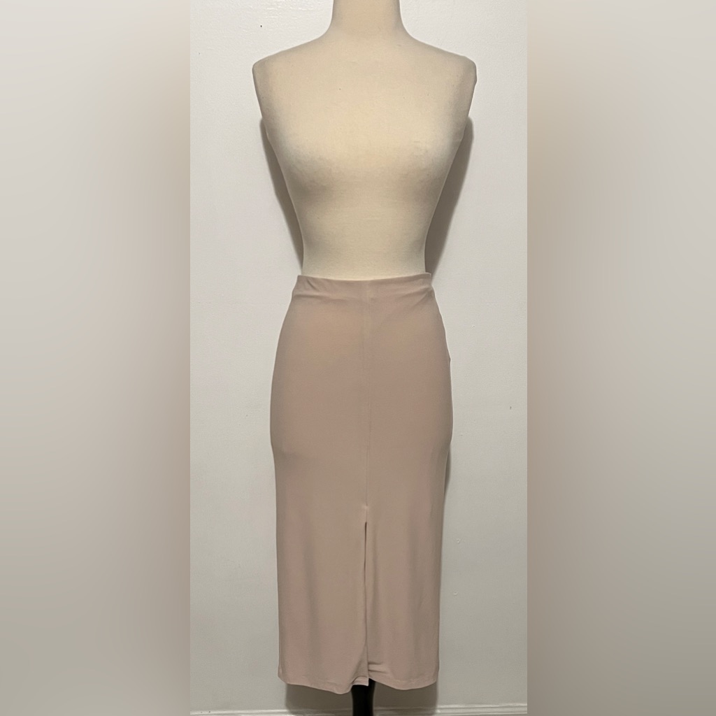 Alice + Olivia Air Beige Stretch Pencil Midi Skirt Exposed Zip Size 6